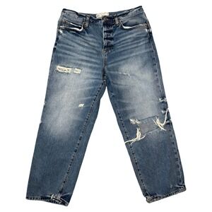 Free People 28R High Waisted Button Fly Distressed Straight Leg Jean Boho Grunge